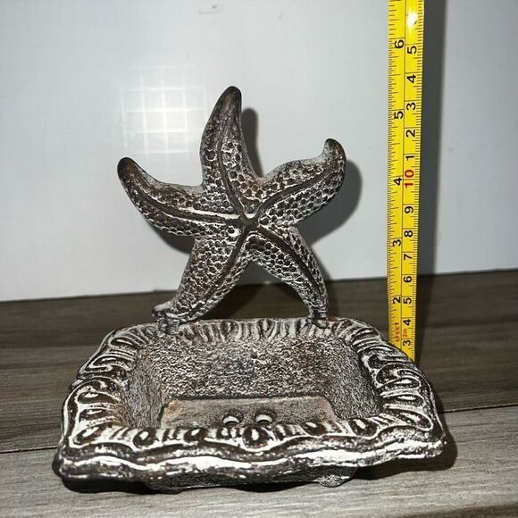 Cast Iron Soap Dish Antiqued White Star Fish Natical Decor Bathroom Kitchen Sink - Picture 3 of 8